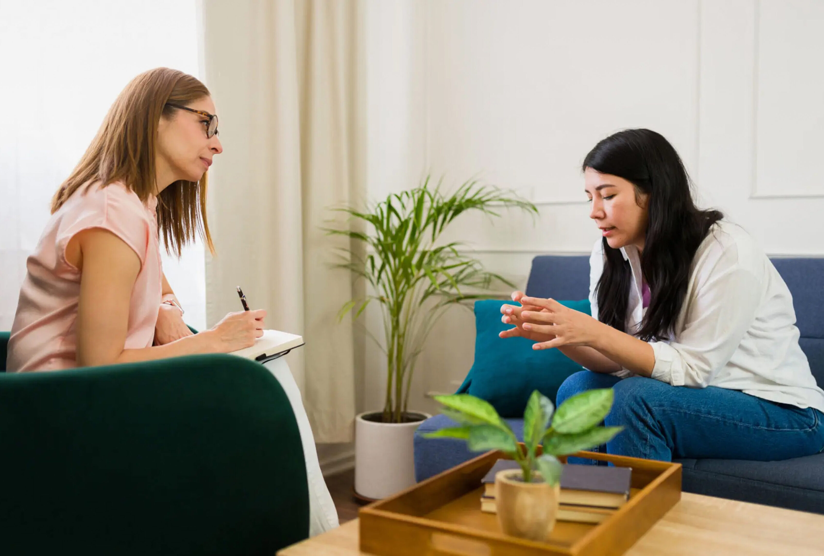 Therapist and patient talking in session.
